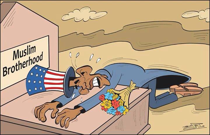 A cartoon by an Egyptian newspaper showing the Obama-administration crying over the tomb of the "Muslim Brotherhood" after the 30th of June revolution deposing the groups leaders. It is believed that the Obama-administration were from the strongest supporters of the MB radical group, under the name of democracy.