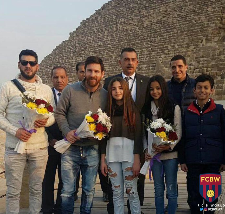 Argentinian Football Superstar Lionel Messi being welcomed by the children of Egypt to the land of the Pharaohs, at the Giza Pyramids 2017