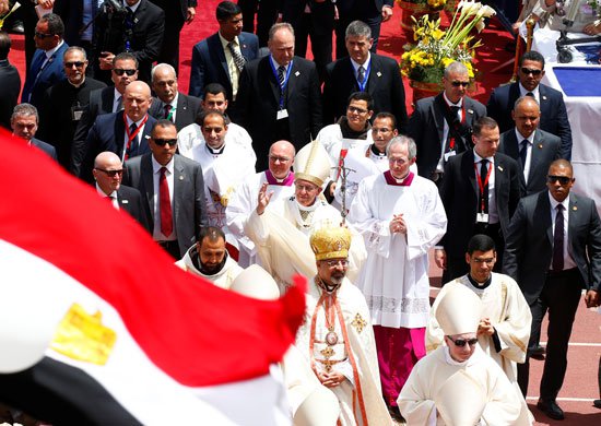 Pope Francis Mass in Cairo Stadium Egypt 2017, here seen greeting the crowds before ending mass (Source: Youm7)