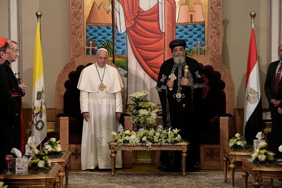 The Catholic Roman Pope Francis of the Vatican meets with Coptic Orthodox Pope Tawadros of Alexandria Egypt in the Coptic Cathedral of Cairo (source: Youm7)