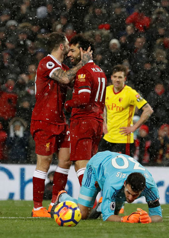 2018-03-18 Mo Salah celebrates his goal with Liverpool against Watford in Premier League 02 Youm7