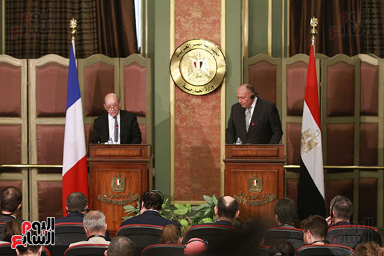 2018-04-30 French Minister FA Le Drian and Egyptian Sameh Shoukry during press conference Cairo 01 - Youm7